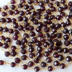 4.5mm Garnet Faceted Rondelle Beads in 925 Silver with Gold Polish Wire Wrapped Rosary Style Beaded Chain (1 Foot To 5 Feet Option)-PDG356