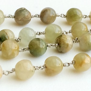 7-8mm Green Cats Eye Wire Wrapped Plain Round Beads, Cats Eye Chain By The Foot, Rosary Style Beaded Chain, 925 Silver Chain - PS3612