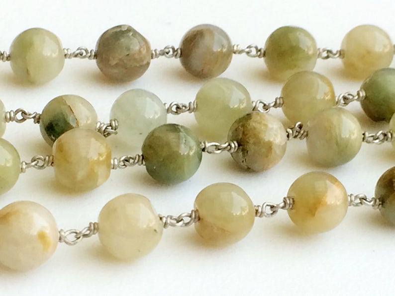 PS3612 Rosary Style Beaded Chain Cats Eye Chain By The Foot 925 Silver Chain 7-8mm Green Cats Eye Wire Wrapped Plain Round Beads