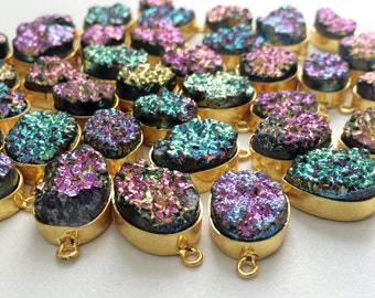 11x20mm-16x25mm Druzy Double Loop Connectors, Titanium Druzy, 5 Pieces Multi Color Druzy 925 Silver Gold Polished Connectors - KRS181
