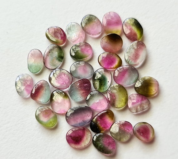 5-6mm Bio Tourmaline Plain Cabochons Natural Pink / Green Tourmaline Flat Back Cabochon 5 Pcs Loose Tourmaline for Jewelry - PKSG179