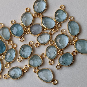 13-15mm Aquamarine Rose Cut Free Form Shape Connectors, 5 Pcs Double Loop 925 Silver with Gold Polish, Bezel Findings - PDG263