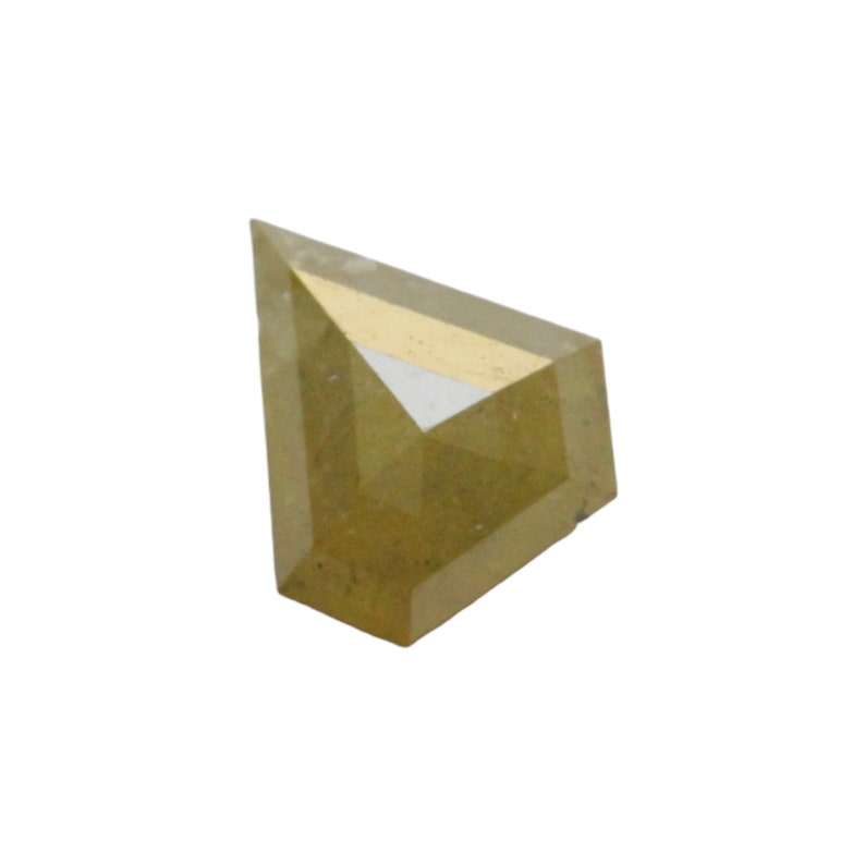 May include: A yellow, faceted, triangular diamond with a rough, natural finish.