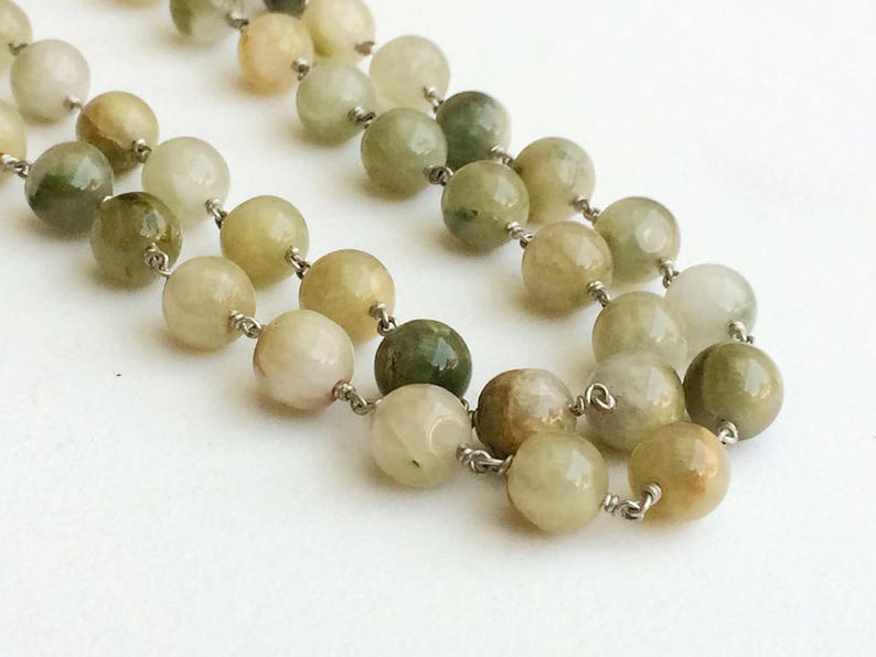 PS3612 Rosary Style Beaded Chain Cats Eye Chain By The Foot 925 Silver Chain 7-8mm Green Cats Eye Wire Wrapped Plain Round Beads