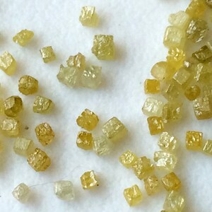 May include: A collection of small, yellow-green, faceted, cubic crystals. The crystals are scattered on a white surface.
