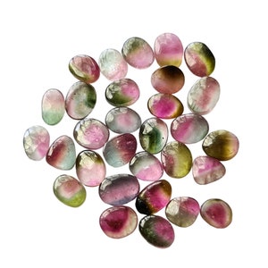 Peut inclure: Une collection de 20 pierres pr&eacute;cieuses ovales et polies. Les pierres sont un m&eacute;lange de couleurs vertes, roses et brunes.