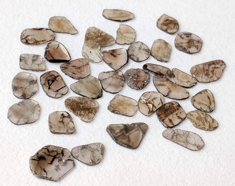 May include: A collection of 25 brown, irregularly shaped, translucent, and flat gemstone chips. The chips have a natural, rough texture and are scattered on a white surface.