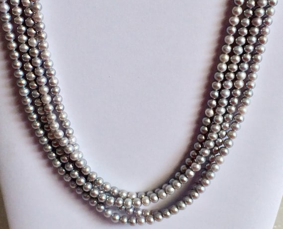 Collana Di Perle D'acqua Dolce Grigio Scuro &ndash; 20 Perle Tonde Da 4-9 Mm &ndash; Placcato Oro Bianco