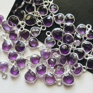 Amethyst Heart Charm Connectors Natural Faceted Heart 925 Silver Bezel Connector 9-10mm Single Loop Finding (5 Pcs To 10 Pcs Options)-PSG309