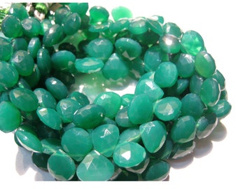 10-11mm Green Onyx Faceted Heart Briolettes, Green Onyx Faceted Heart Beads, Emerald Green Onyx Heart Beads For Jewelry (4IN To 8IN Options)