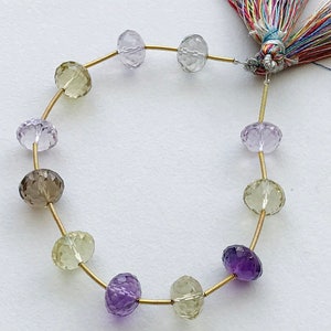 10.3-11.5mm Multi Color Quartz Beads, Amethyst, Lemon, Smoky Quartz Faceted Rondelles, 11 Pcs Multi Gemstone For Jewelry - GS3256