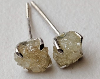 5-5.5mm Light Yellow Raw Diamond Studs, 2 Pc Matched Pair Rough Diamond Studs, 925 Sterling Silver Raw Diamond Earrings Prong Setting-PPD570