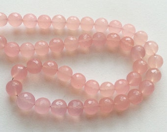 Cuentas redondas microfacetadas de calcedonia rosa de 8-10 mm, bolas facetadas de calcedonia rosa, cuentas de calcedonia rosa (opciones de 11 a 22 piezas)