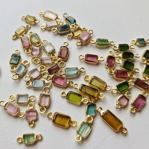 12.5-14.5mm Tourmaline Plain Rectangle Bezel Connectors, 5 Pcs Tourmaline Double Loop 925 Silver with Gold Polish Bezel Findings - PKSG173