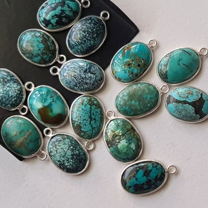 Tibetan Turquoise Oval Charm Connectors, Natural Plain Oval Flat 925 Silver Bezel Connectors 18mm Single Loop Findings, 3 Pcs - PSG274