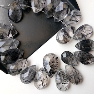 8x12mm - 10x14mm Black Rutile Quartz Faceted Pear Beads, Rutiliated Quartz Beads, Faceted Pear Beads for Jewelry, 4.5 Inches, 20 Pcs- PDG241