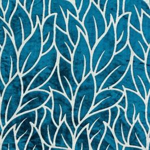 Teal Blue Leaves Fabric By The Yard / Metre, Burnout Velvet Fabric, Curtain Fabric, Upholstery Fabric, Drapery Fabric, Window Treatment