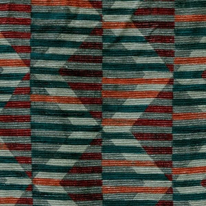 Könnte beinhalten: Nahaufnahme eines gewebten Stoffes mit einem geometrischen Muster in den Farben Teal, Rot und Orange.