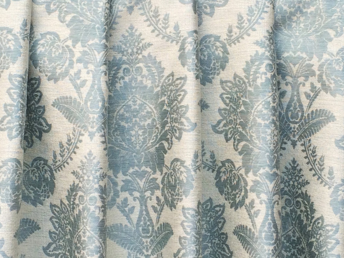 Teal Blue Damask Curtain Fabric by the Yard Upholstery Fabric Etsy