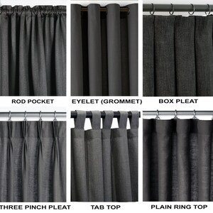 May include: A visual guide to different curtain header styles, including rod pocket, eyelet (grommet), box pleat, three pinch pleat, tab top, and plain ring top.