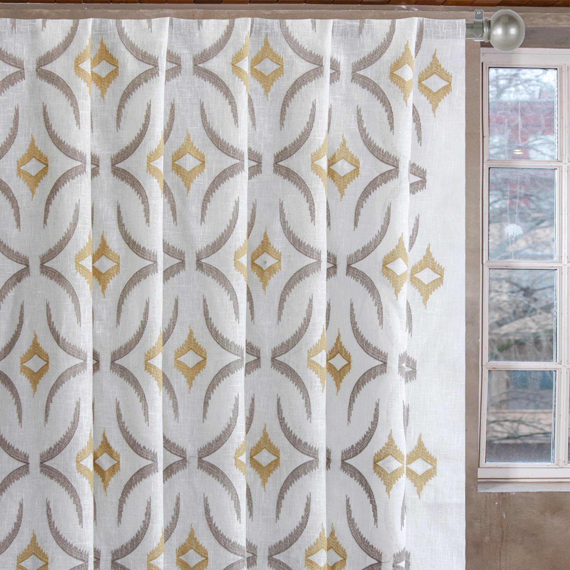 Geometric Mustard Sheer Curtain Fabric by the Yard / Metre, Linen Look