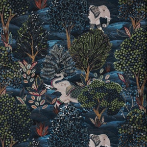 Elephant At Night Printed Velvet Fabric By The Yard / Metre, Curtain Upholstery Fabric, Curtain Drapery Fabric, Window Treatment Fabric
