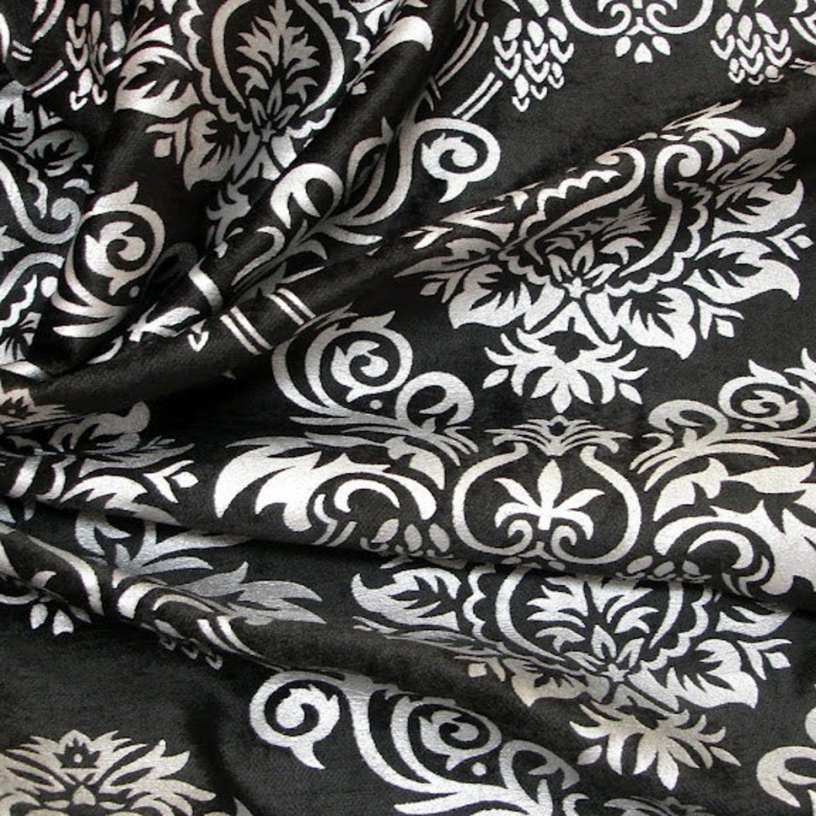 Persian Damask Black Velvet Fabric With Silver Print Etsy UK