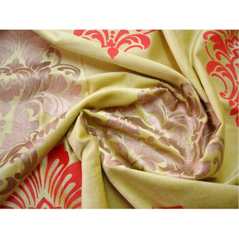 Lime Green Damask Print Velvet Fabric With Dull Gold and Etsy