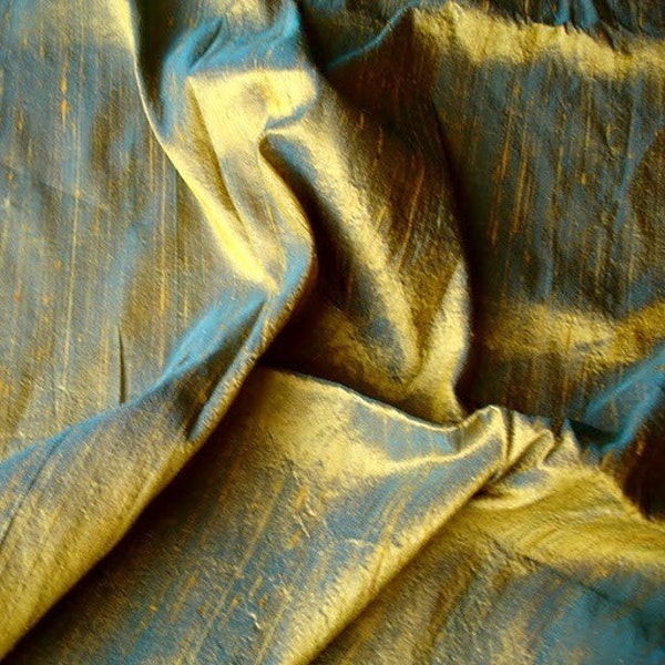 Turquoise and Gold Silk Fabric by the Yard, 41 inch Turquoise Gold Silk Dupioni Fabric, Slub Silk fabric for Bridal Dress, Curtains, Drapes