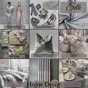 May include: A collage of images showcasing various uses for silk fabric, including garments, accessories, gift wrapping, pillow covers, home decor, and DIY projects. The text "Silk" is featured at the top of the image.