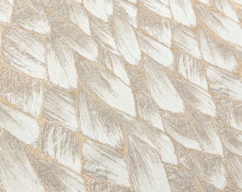 May include: A close-up of a woven fabric with a textured, herringbone pattern. The fabric is a light beige color with a subtle shimmer.