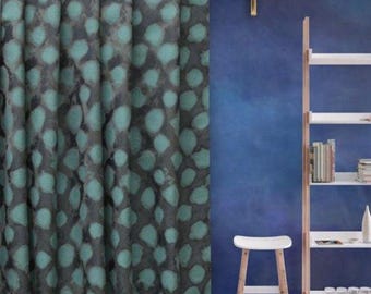 Cortinas de tejido jacquard con estampado de hojas verdes acuáticas (con bolsillo para varilla, ojales, pliegues de caja, pliegues triples, trabillas y anilla lisa)