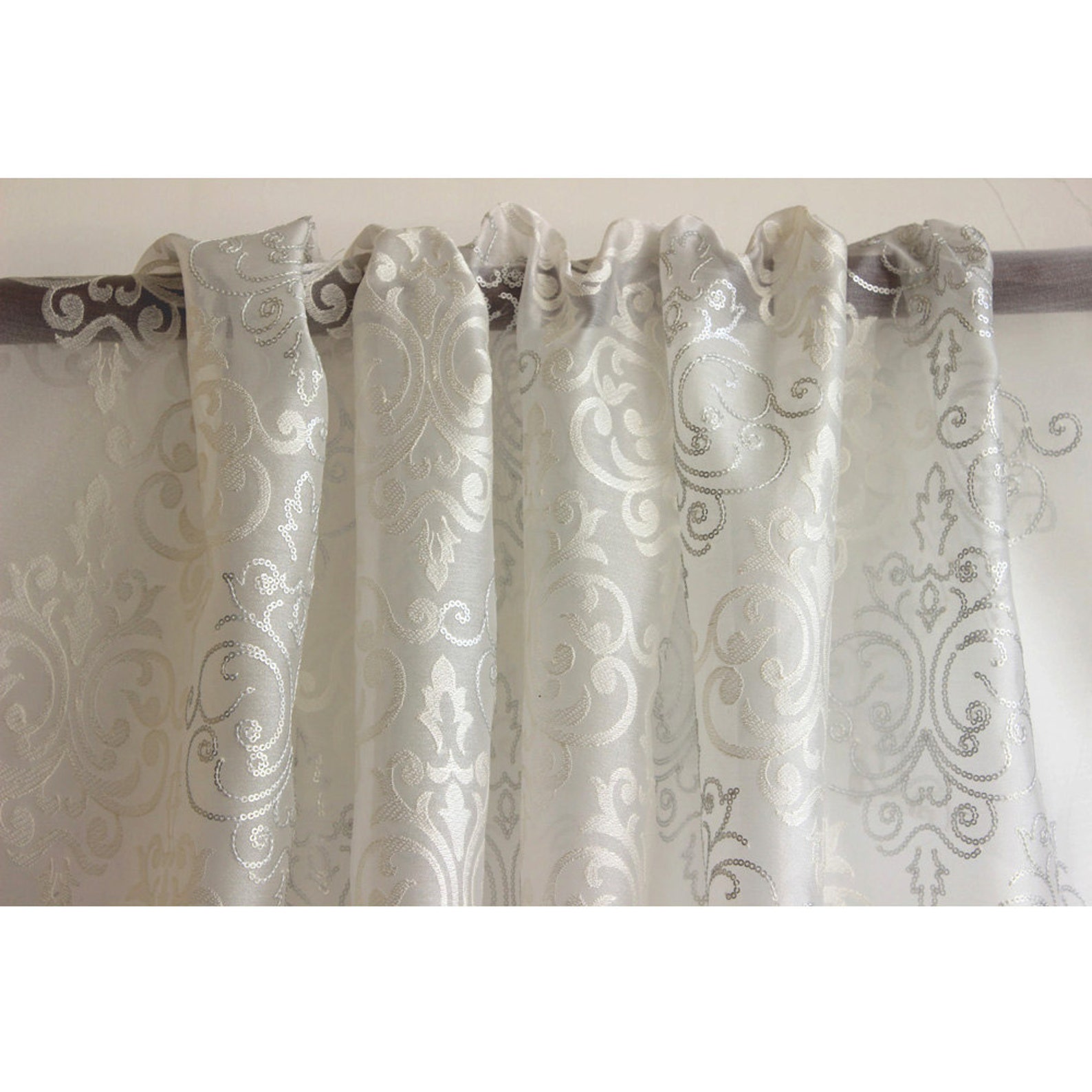 White & Silver Damask Embroidered Sheer Curtain Fabric By The Etsy