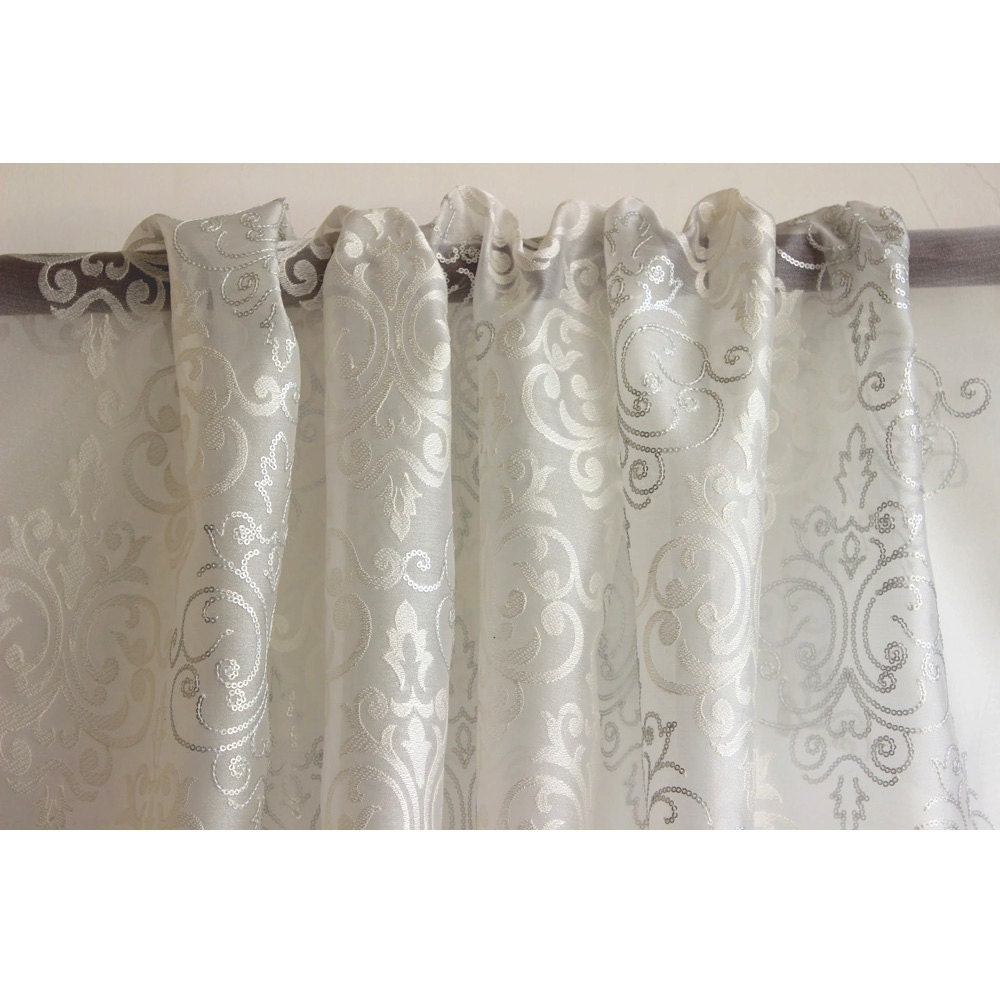 White & Silver Damask Embroidered Sheer Curtain Fabric By The Etsy