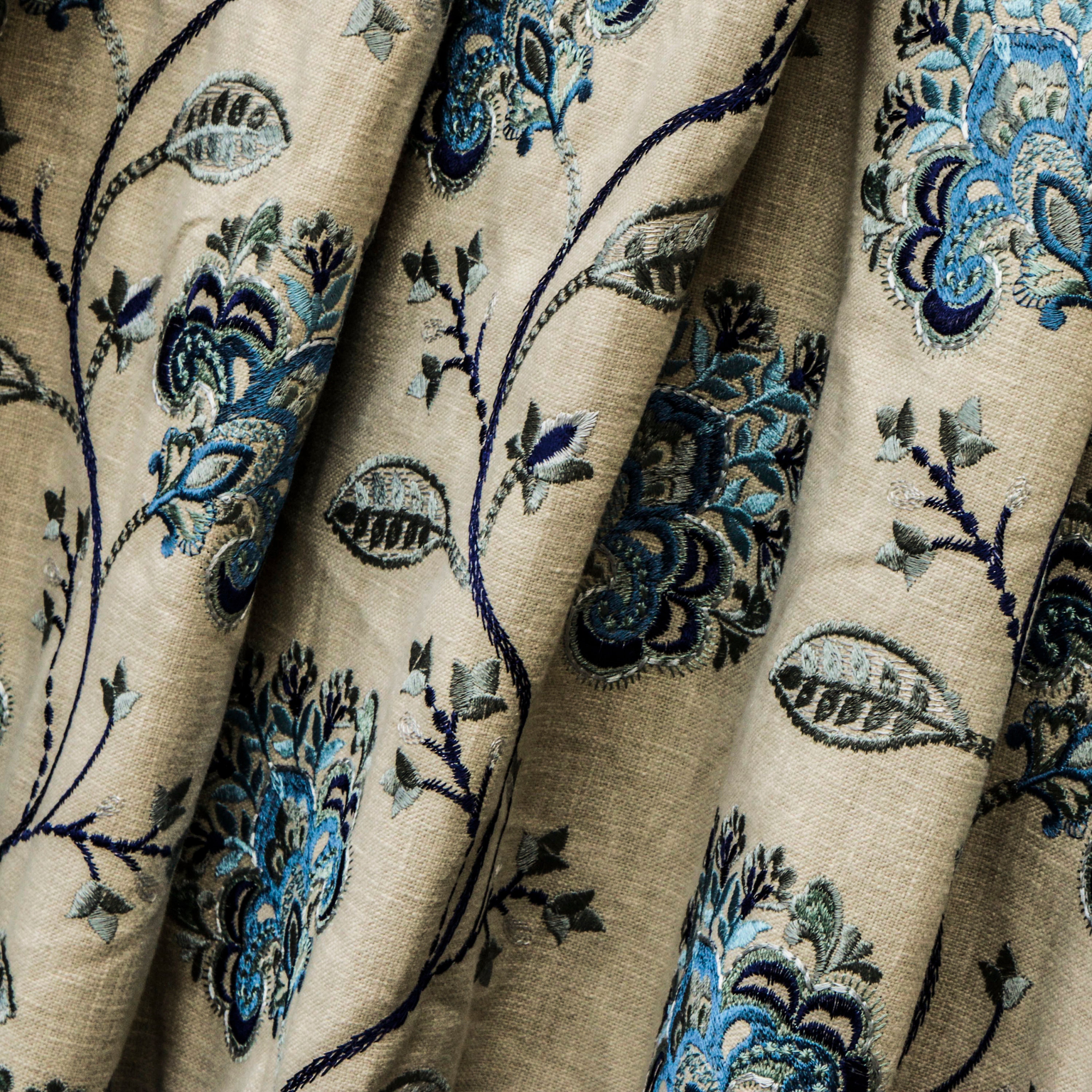 Blue Flowers Embroidered Fabric By The Yard Cotton Linen Etsy