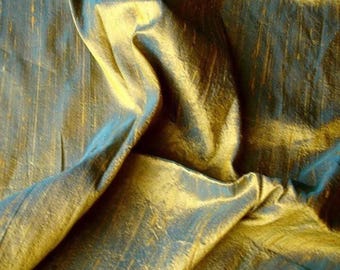 Turquoise and Gold Silk Fabric By The Yard / Metre, 41 inch Turquoise Gold Silk Dupioni Fabric, Slub Silk fabric for Bridal Dress, Curtains
