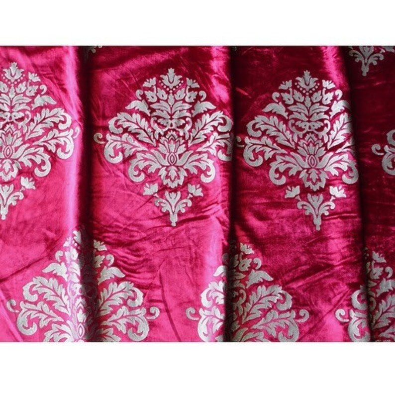 Fuchsia Velvet Fabric With Silver Glitter Print Damask Etsy