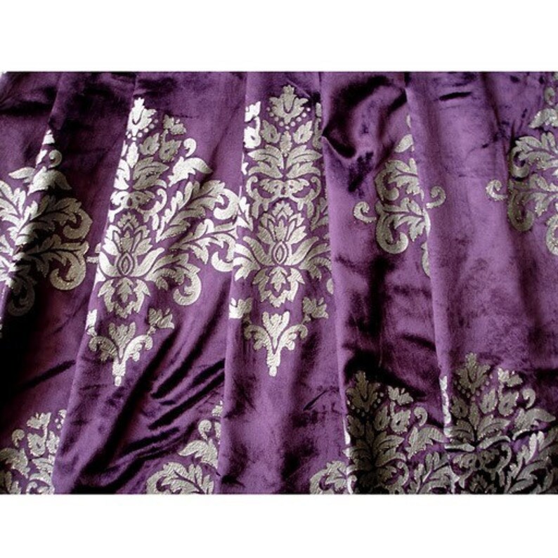 Purple and Silver Glitter Printed Damask Velvet Fabric With Etsy