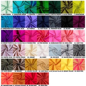 May include: A chart of 39 fabric swatches, each with a different color and name. The colors range from mint green to deep red. The swatches are arranged in rows and columns.