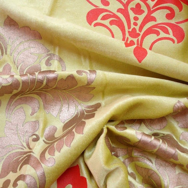 Lime Green Damask Print Velvet Fabric With Dull Gold and Etsy