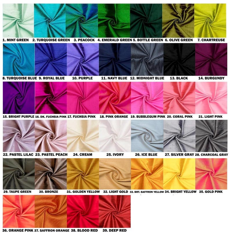 Puede incluir: Una tabla de 39 muestras de tela, cada una con un color y un nombre diferente. Los colores van desde el verde menta hasta el rojo oscuro. Las muestras est&aacute;n dispuestas en filas y columnas.
