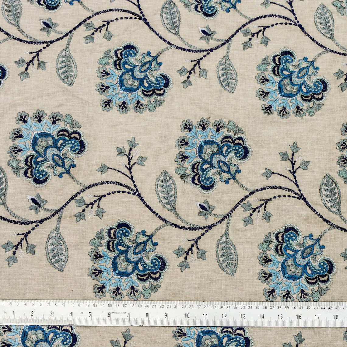 Blue Flowers Embroidered Fabric By The Yard Cotton Linen Etsy