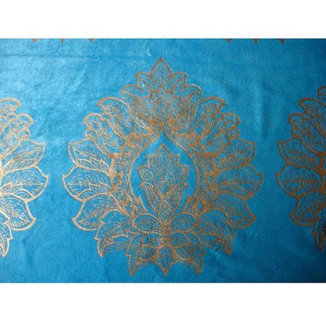 Blue Flowers Velvet Fabric Sky Blue Velvet With Gold Print | Etsy