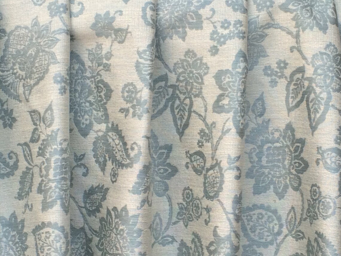 Buy Teal Blue Flowers Curtain Fabric by the Yard Upholstery Fabric