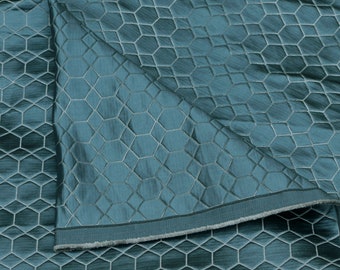 Teal Hexagon Quilt Look Fabric By The Yard / Metre, Jacquard Fabric, Upholstery Fabric, Curtain Wholesale Fabric, Abstract Geometric Fabric