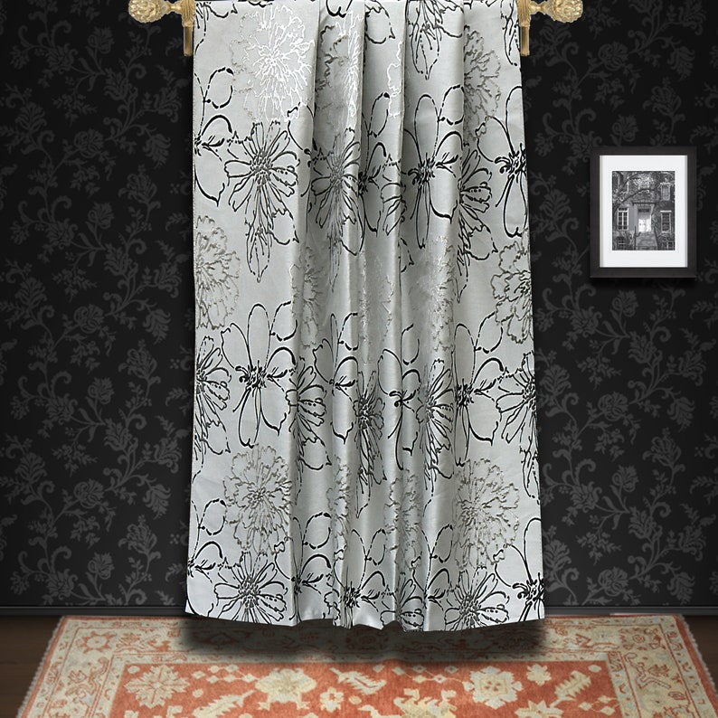 Black Grey Floral Fabric by the Yard Jacquard Fabric Etsy