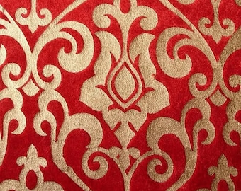 Red Damask Printed Velvet Fabric By The Yard / Metre, Velvet Fabric With Gold Print, Printed Velvet Fabric, Upholstery Fabric, Curtain Fabri