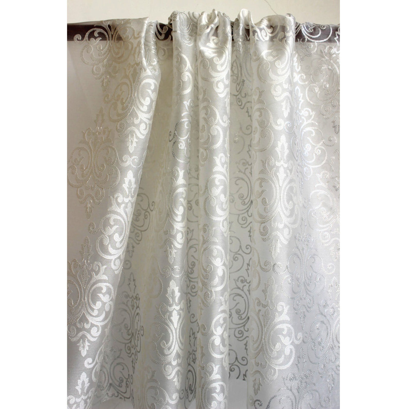 White & Silver Damask Embroidered Sheer Curtain Fabric By The Etsy
