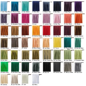 May include: A chart of 52 different colors of fabric swatches. Each swatch is labeled with a number and a color name. The swatches are arranged in rows and columns.