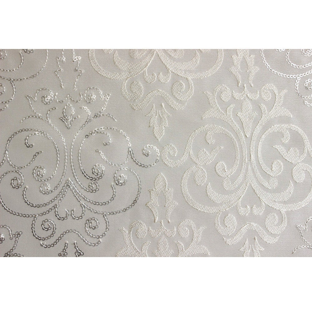 White & Silver Damask Embroidered Sheer Curtain Fabric By The Etsy